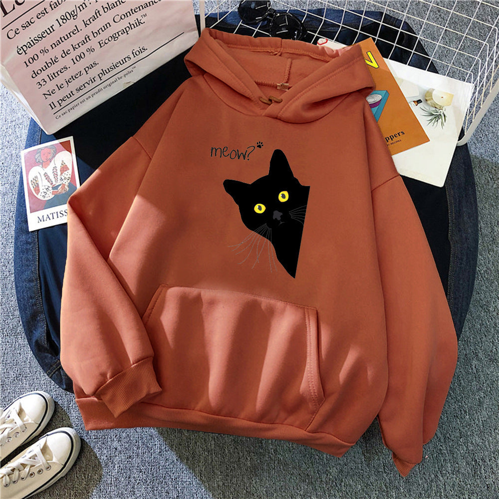 Plus Size Black Cat Fleece Hooded Sweatshirt