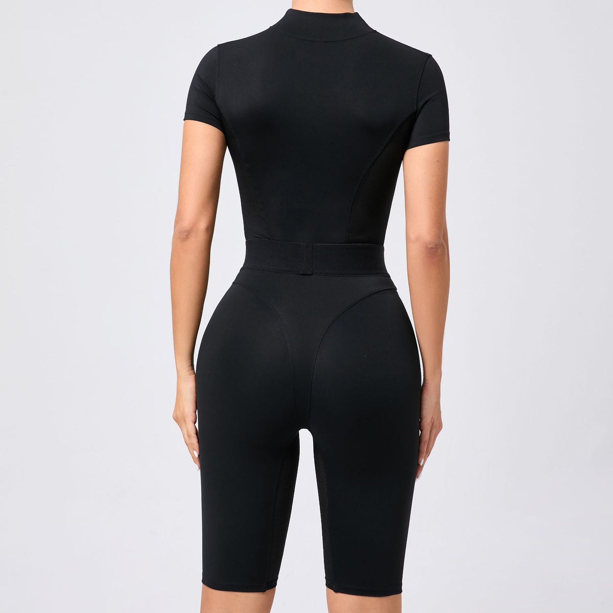 Tight Waist Open Collar Zipper Short Sleeve Yoga Jumpsuit