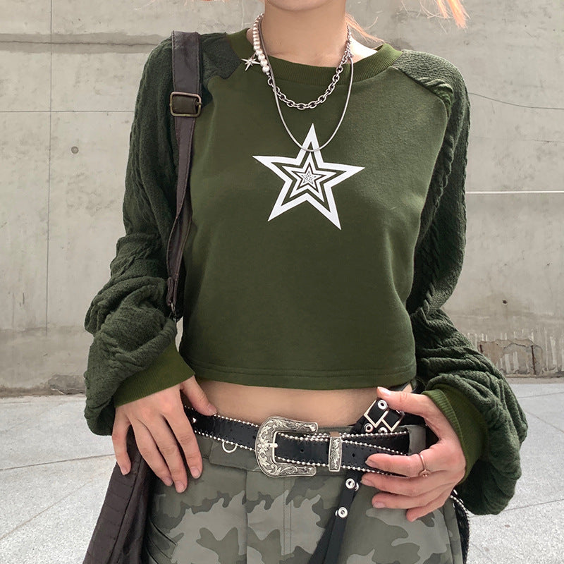 Star Print Contrast Raglan Sleeve Trendy Sweater
