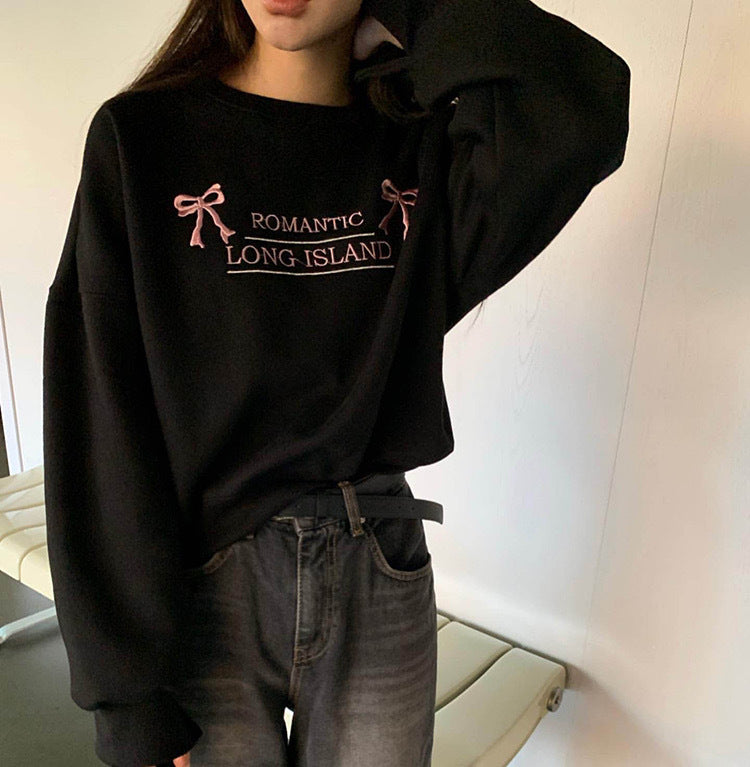 Retro Bowknot Embroidered Oversized Terry Sweater
