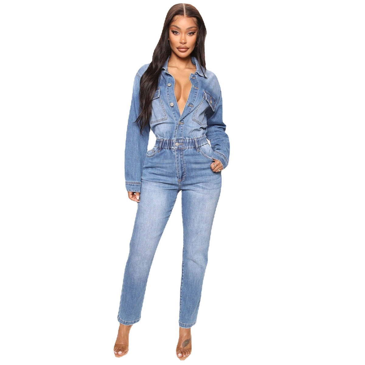Washed Denim Long Sleeve Slim Waist Jumpsuit