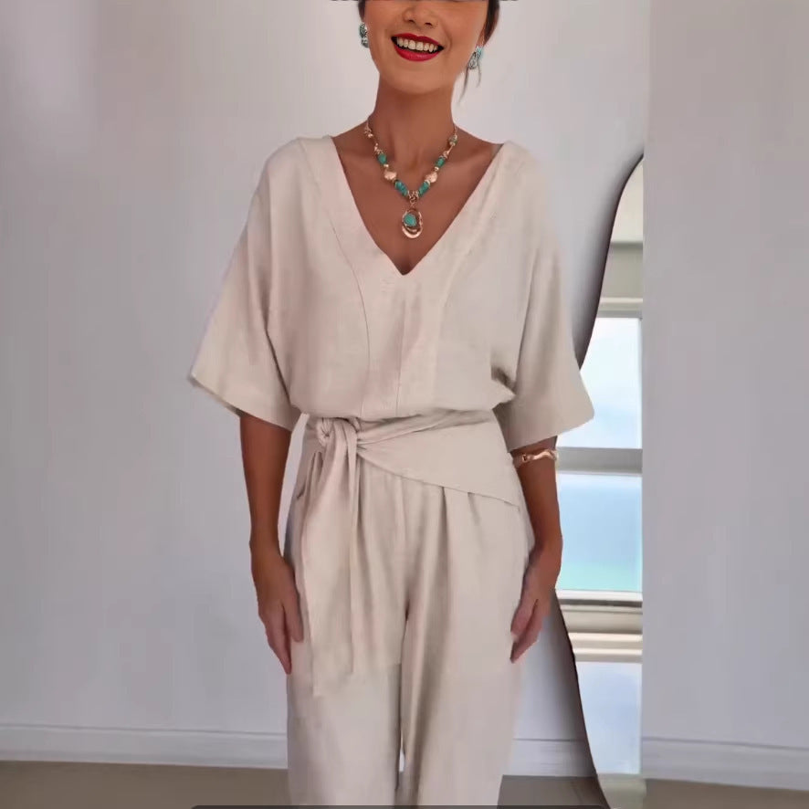 Solid-color V-neck Casual Mid-length Sleeve Belt Jumpsuit Pants
