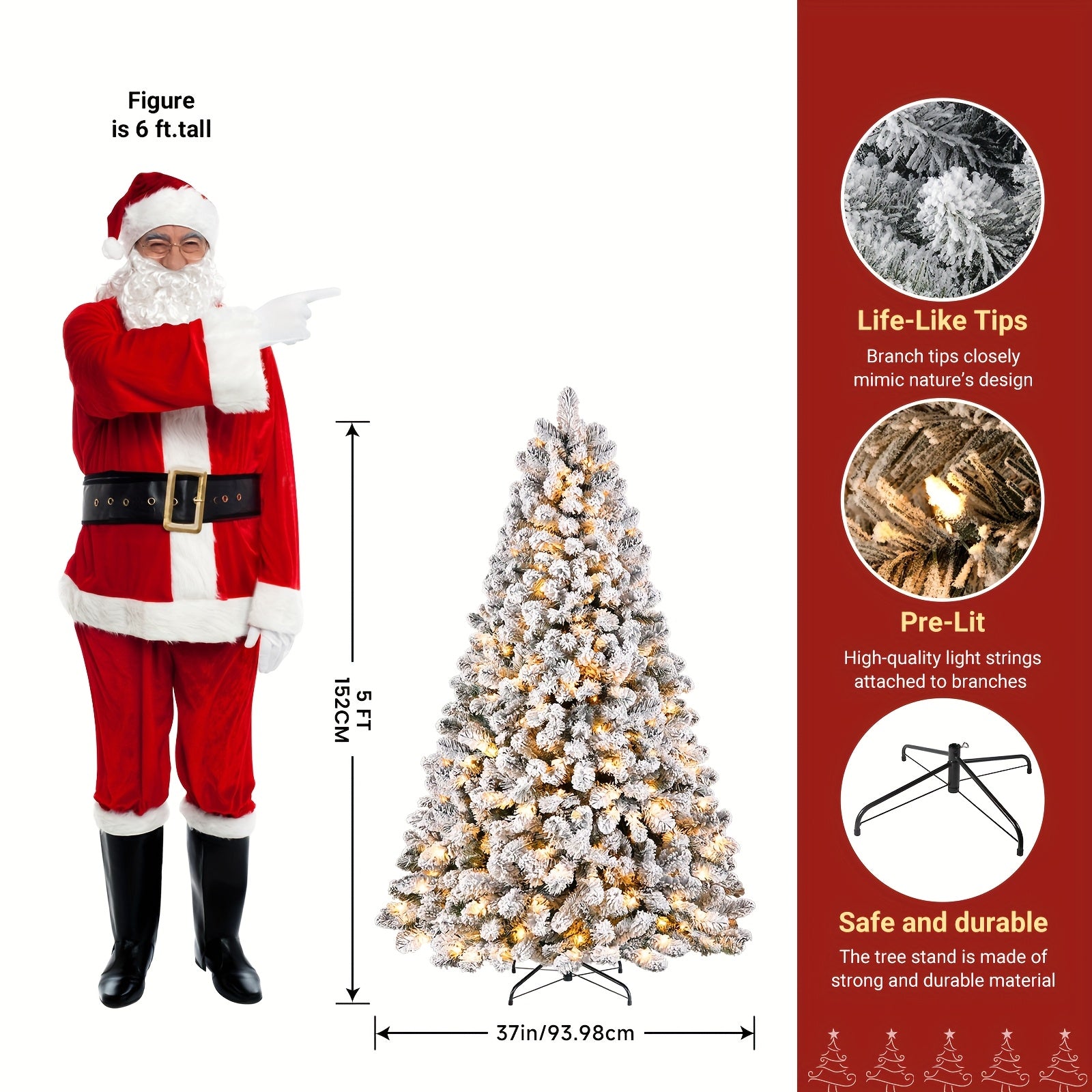 Snow Flocked Xmas Tree – 4–9ft, Warm Lights, Foldable Base