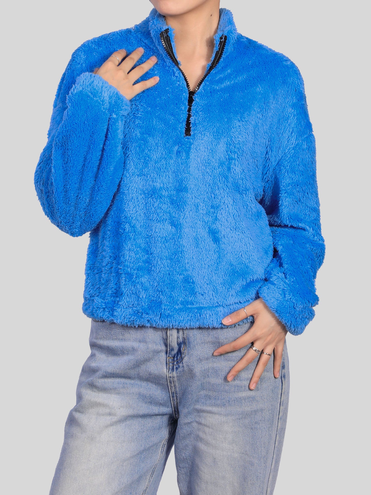 Thermal Half-high Collar Long Sleeves Zipper Design Loose Casual Top