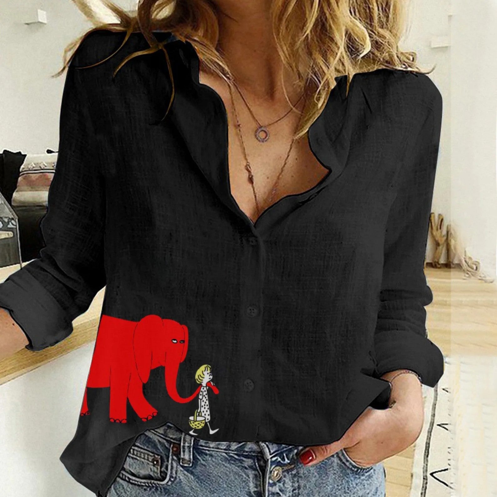 Womens Animal Elephant-Print Long-Sleeve Shirt