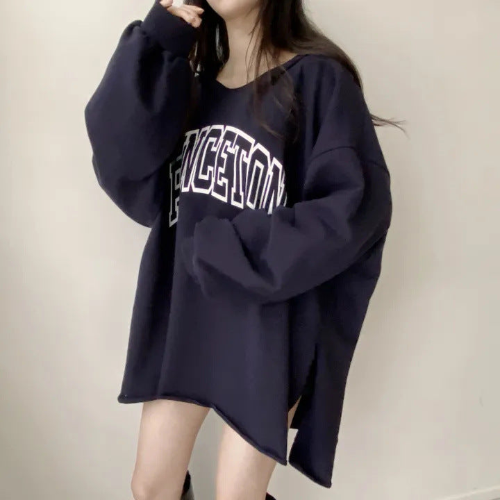 Korean Style Letter Print Loose Hooded Casual Sweater