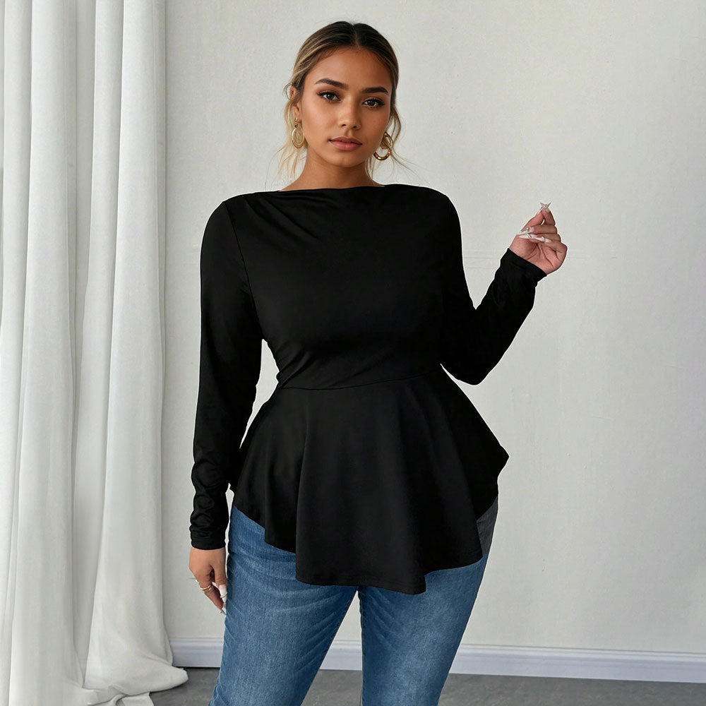 Sexy Pleated Long-Sleeve Waist-Cinching Top with Irregular Hem