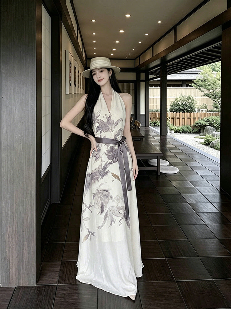 Elegant V-Neck Halter Sleeveless Geometric Maxi Dress