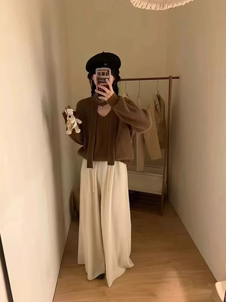 Womens Solid-color Loose V-neck Long-sleeve Sweater with Ribbons