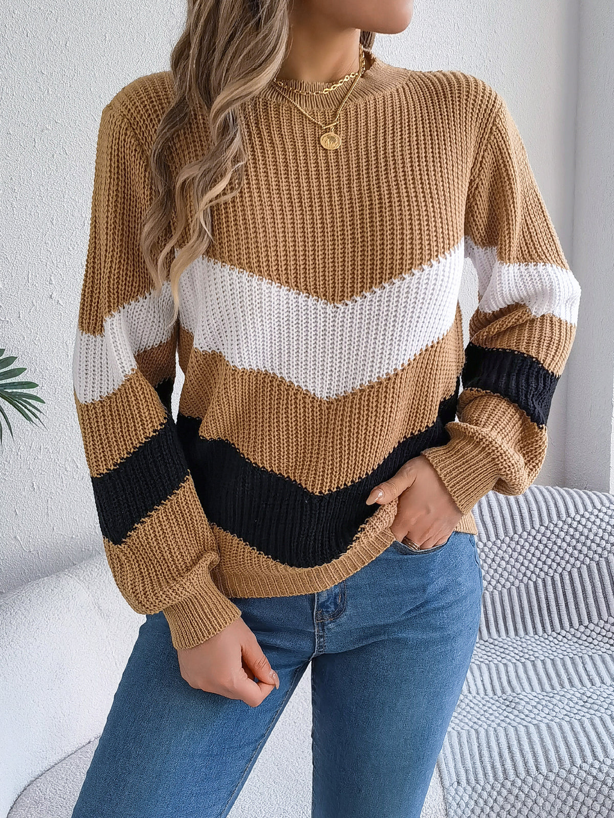 Women Casual Color Block Lantern Sleeve Pullover Sweater