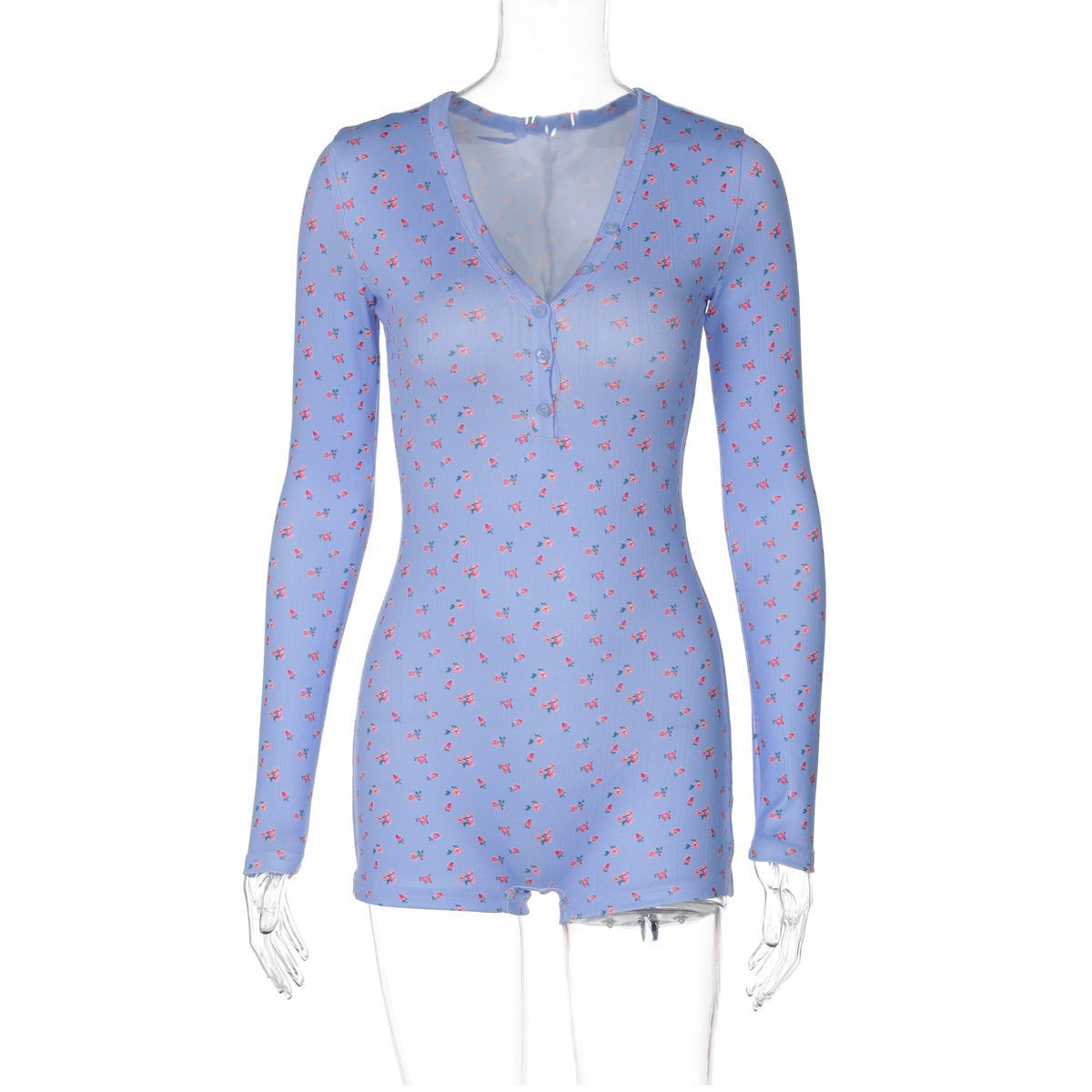 Floral Print Long-Sleeve Button-Front Jumpsuit