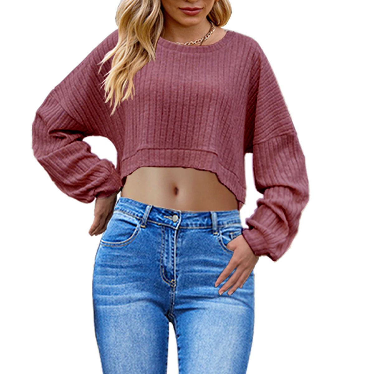 Chic Stripe Knitted Crop Top with Long Batwing Sleeves