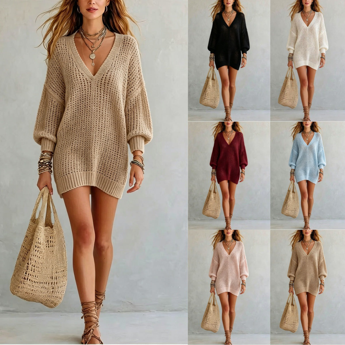 Womens Hollowed-out Long-sleeve Knitted Sweater