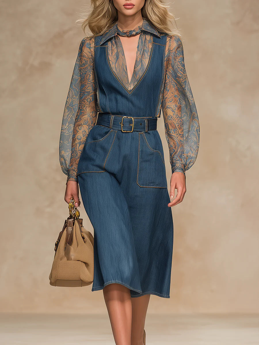 Women's Blue Denim Jumpsuit High Waist Loose Fit with Pockets