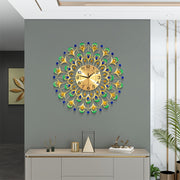 24-Inch Peacock Feather Wall Clock, Metal Frame, Golden, Green, Blue Art Decor, Silent, Round, Crown, Battery Operated, Home & Office Decor, Unique Gift Idea