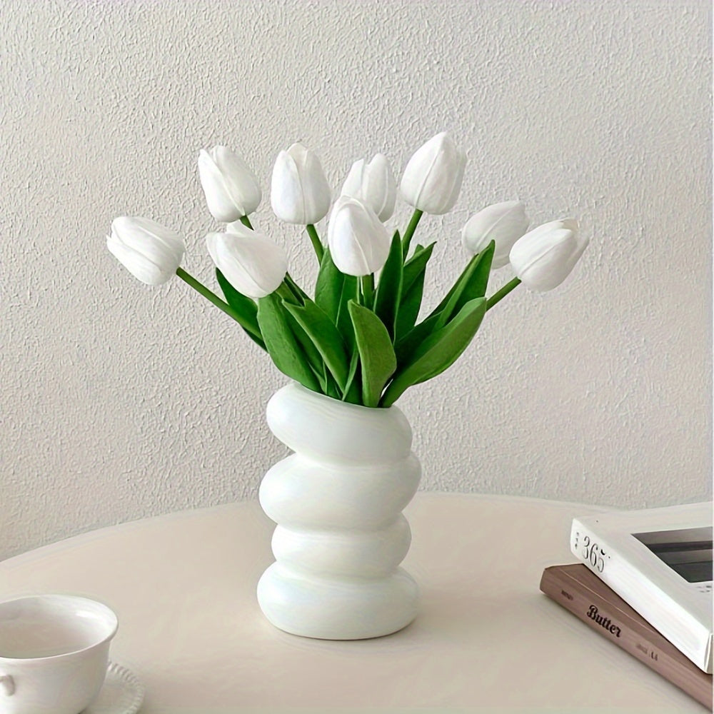8-Pack Artificial Tulip Bouquet - Vibrant Pink and White, Suitable for Wedding and Festival Decorations, Home and Office Decor, PU Touch Flowers, Vase Not Included