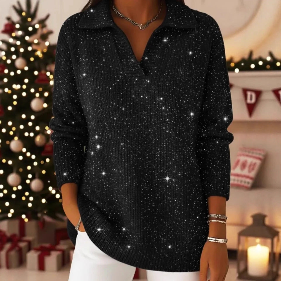 New Solid-color Long-sleeve Top Shimmering Sweater