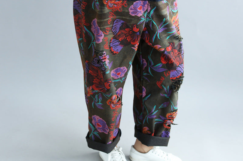 Print Distressed Big Crotch Ripped Pastoral Style Suspender Pants