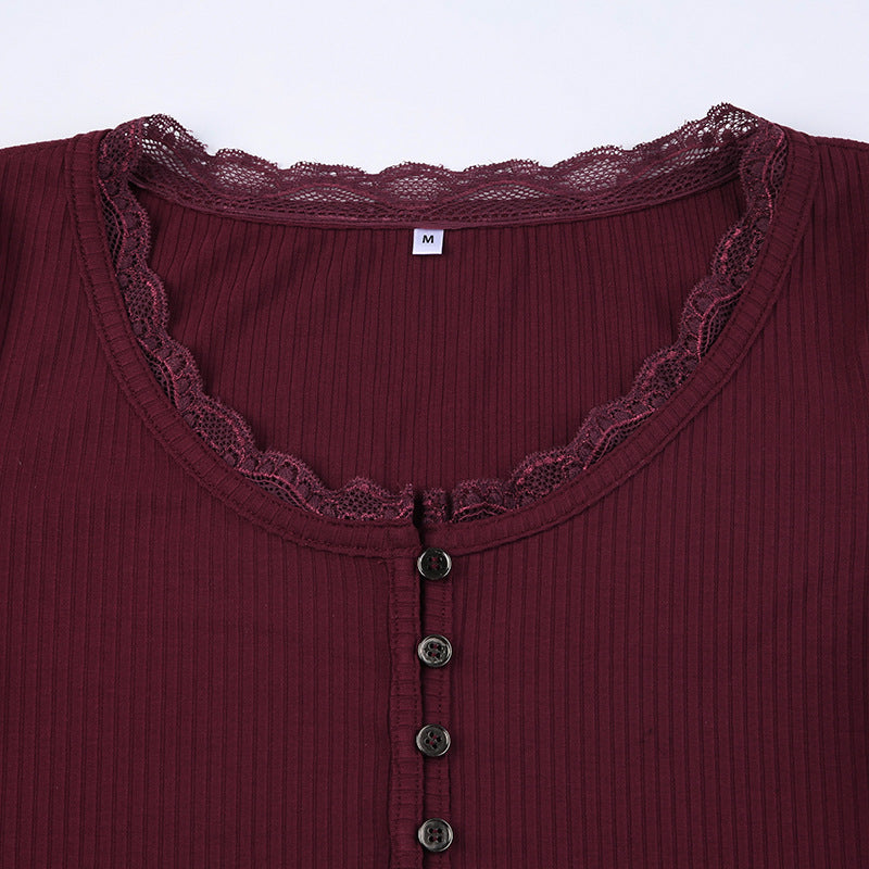 Lace Stitching Slim-Fit Long Sleeve Top