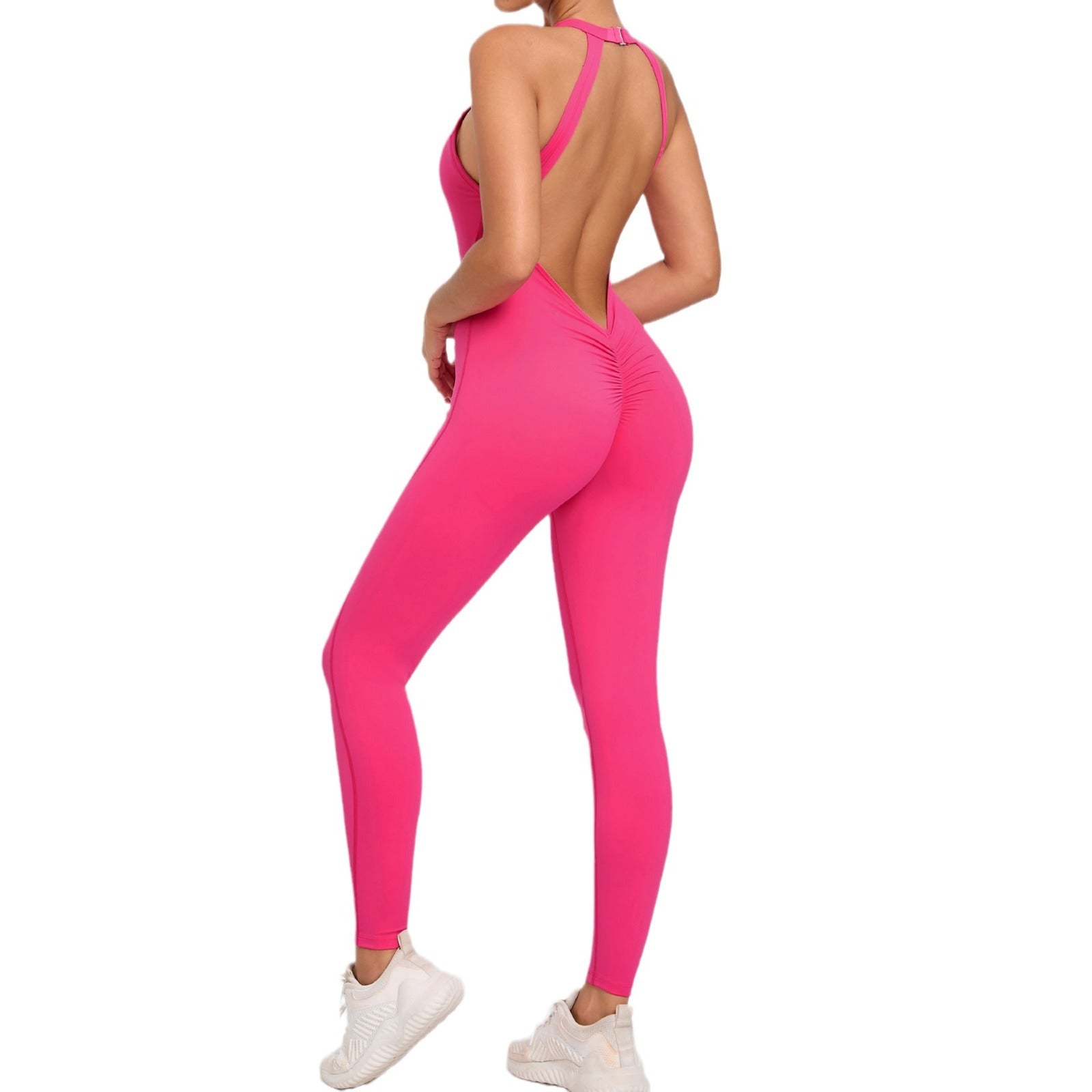 Womens Back-Clasp Yoga Bodysuit With Peach-Hip Design And Open Back