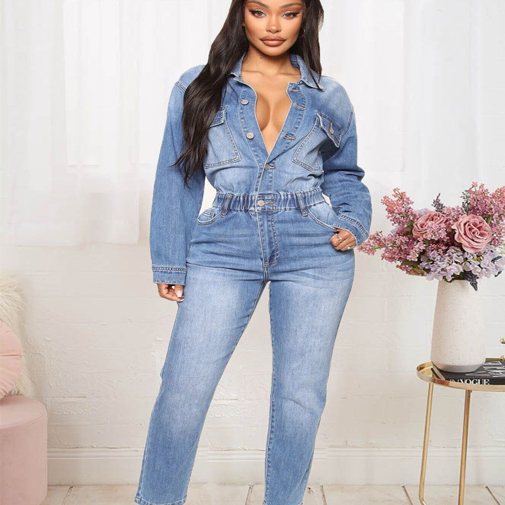 Washed Denim Long Sleeve Slim Waist Jumpsuit