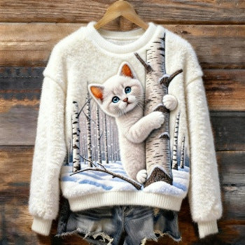 New Flannel Printed Christmas Sweet Crew-neck Top with Snowman Design