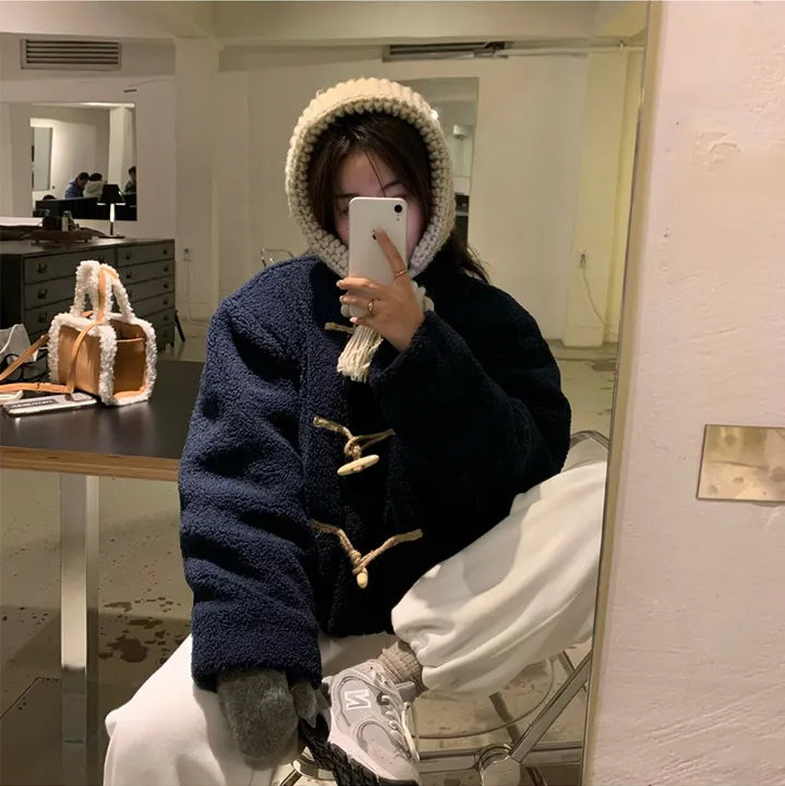 Women's Cozy Furry Winter Coat with Horn Buttons