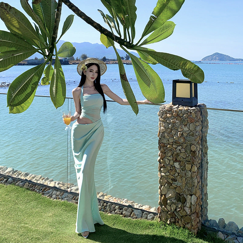 Halter-neck Long-sleeve Midi Dress for Women