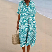 Summer V-neck Short-sleeve Casual Long Dress with Animal Print