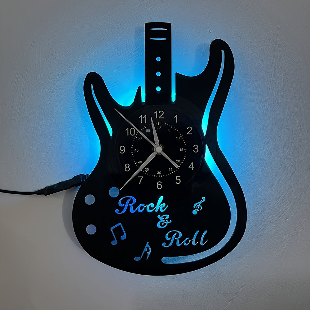 Guitar-Themed LED Wall Clock, Silent Non-Ticking Vinyl Record Design, Digital Display, Irregular Shape, with 7 Color Changing LED Night Light, for Music Lovers, Living Room, Bedroom Decor, Battery Operated with AA Battery (Not Included)
