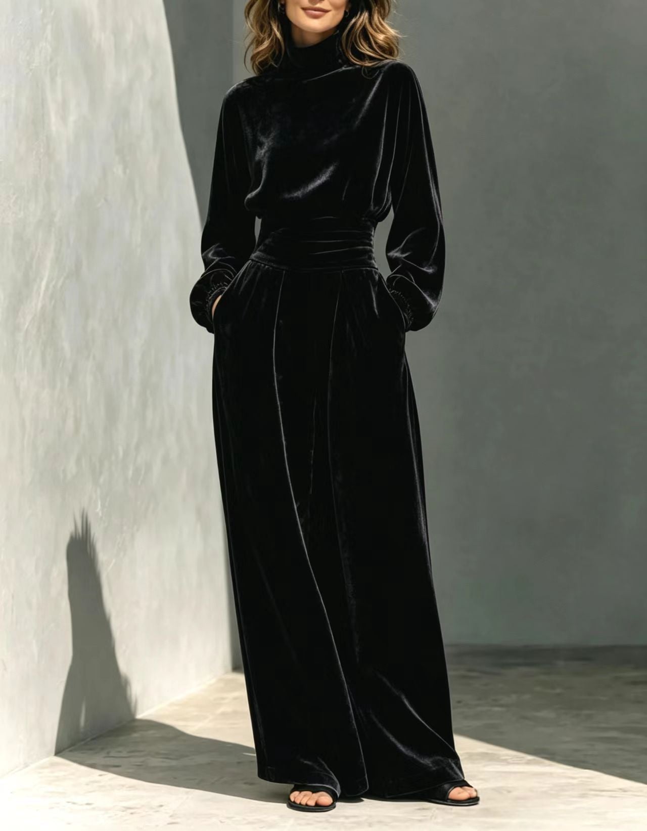 Velvet Turtleneck Belted Wide-Leg Jumpsuit