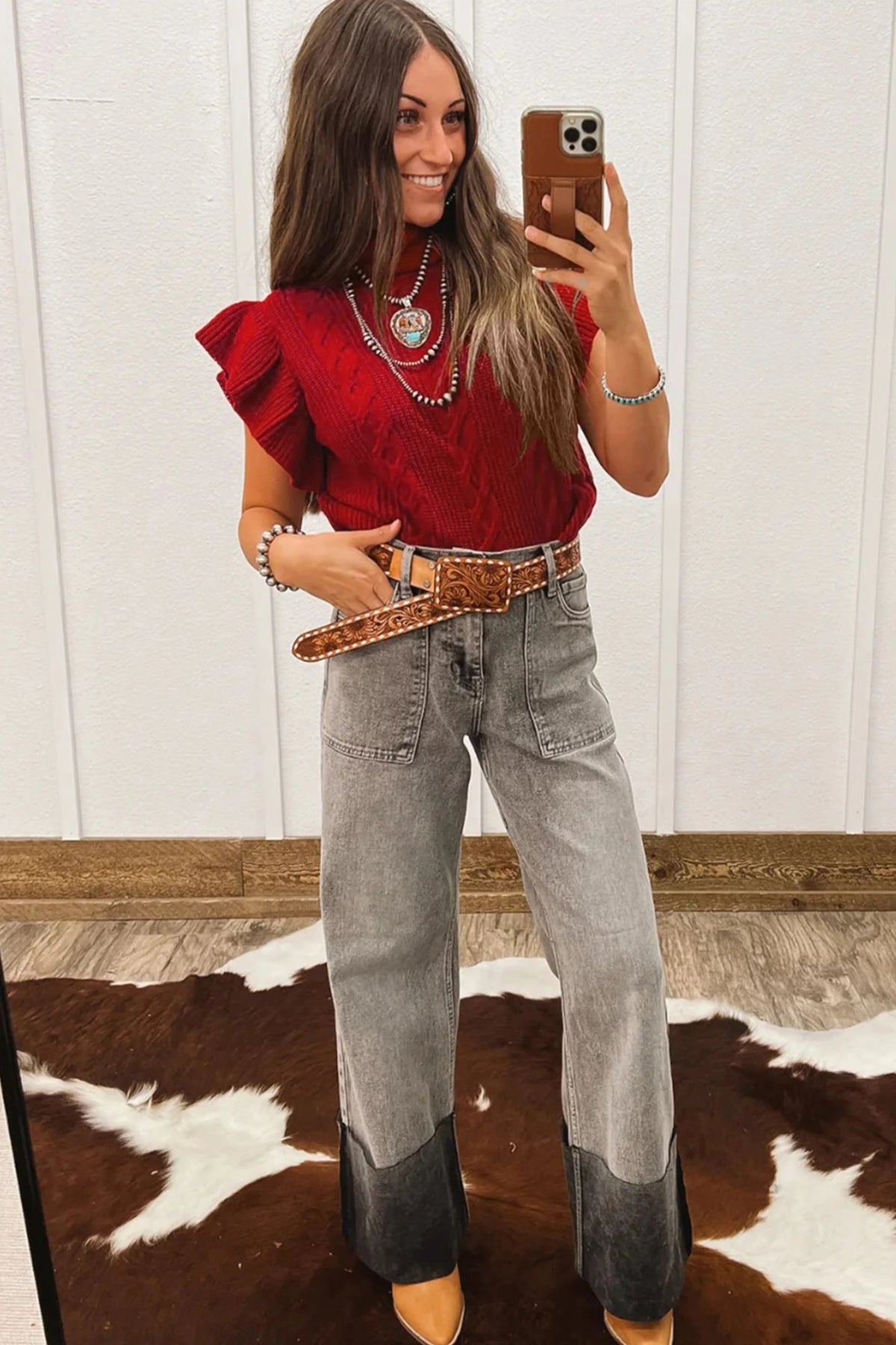 Womens Knitted Turtleneck Ruffle-trimmed Short-sleeve Sweater