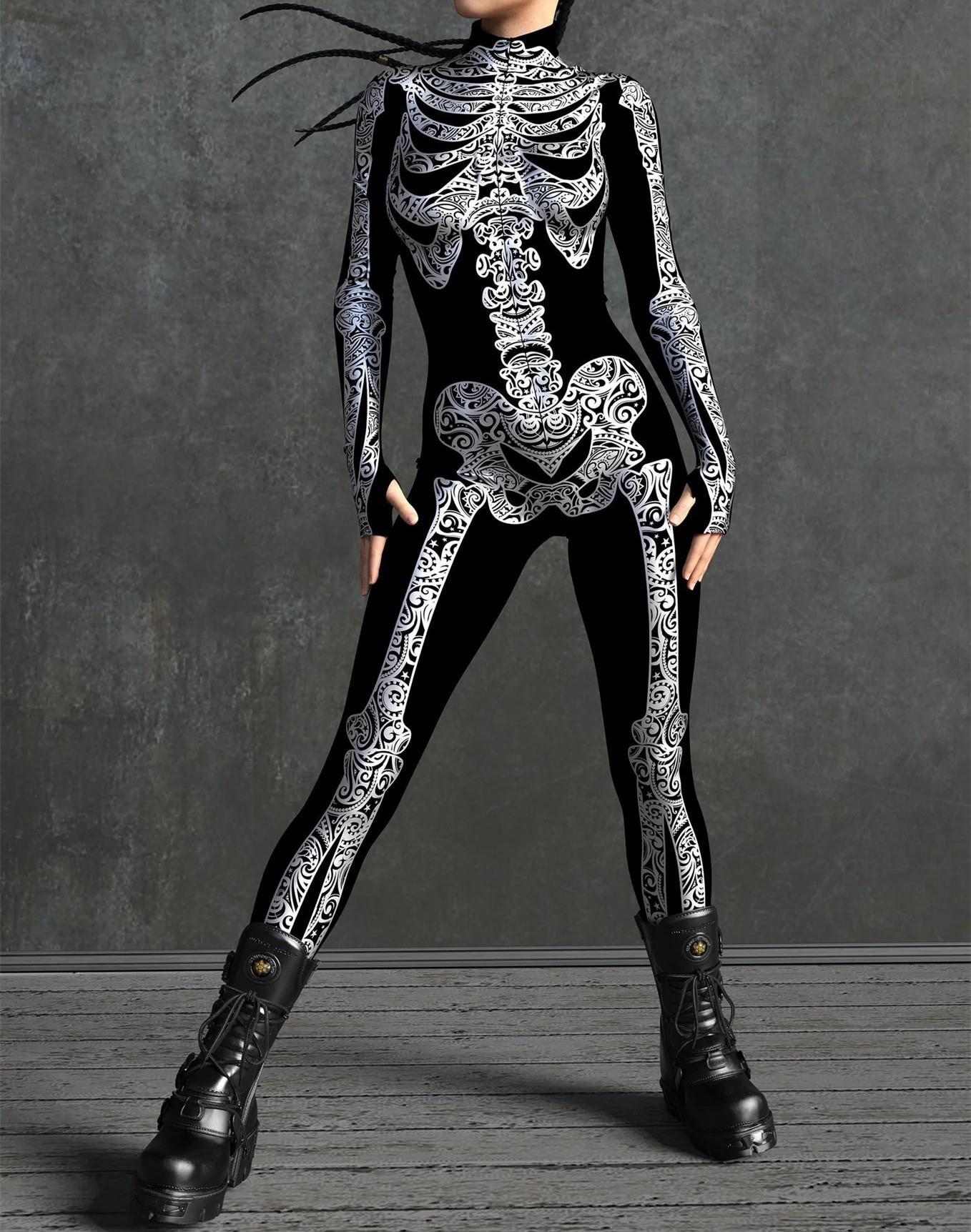 Edgy 3D Skull Print Form-Fitting Women's Bodysuit