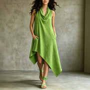Summer Sleeveless Irregular Womens Casual Solid-color V-neck Dress