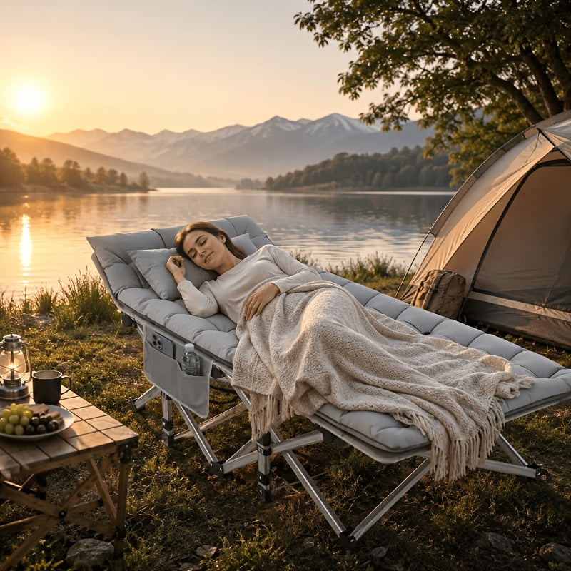 [Heavy Duty Camping Cot] 700LBS Heavy Duty Folding Camping Cot, Portable Adjustable Outdoor Lounge Chair with Side Pocket, Padded Reclining Bed for Patio, Beach, Backyard, Home And Office Nap