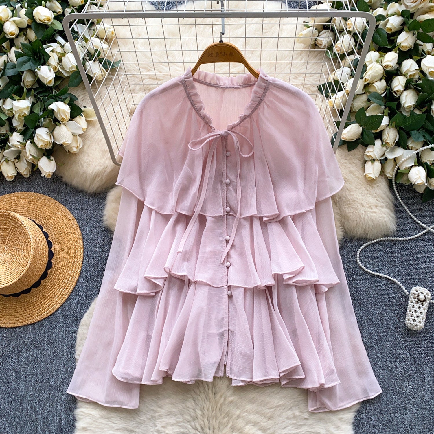Women's Loose-Fitting Lace-Up Ruffle-Trimmed Chiffon Shirt