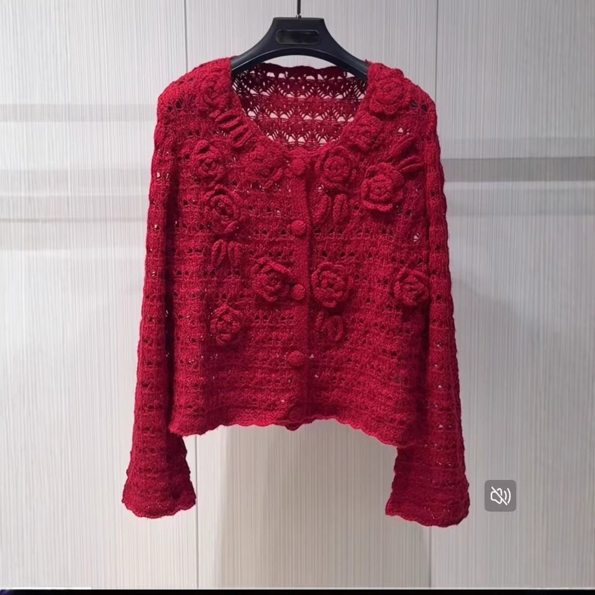 Angolan Red Rose 3d Crochet Hollow-out Vintage Knitted Cardigan Sweater