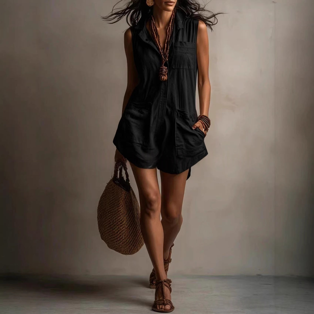 Women's Sleeveless Utility Romper with Pockets