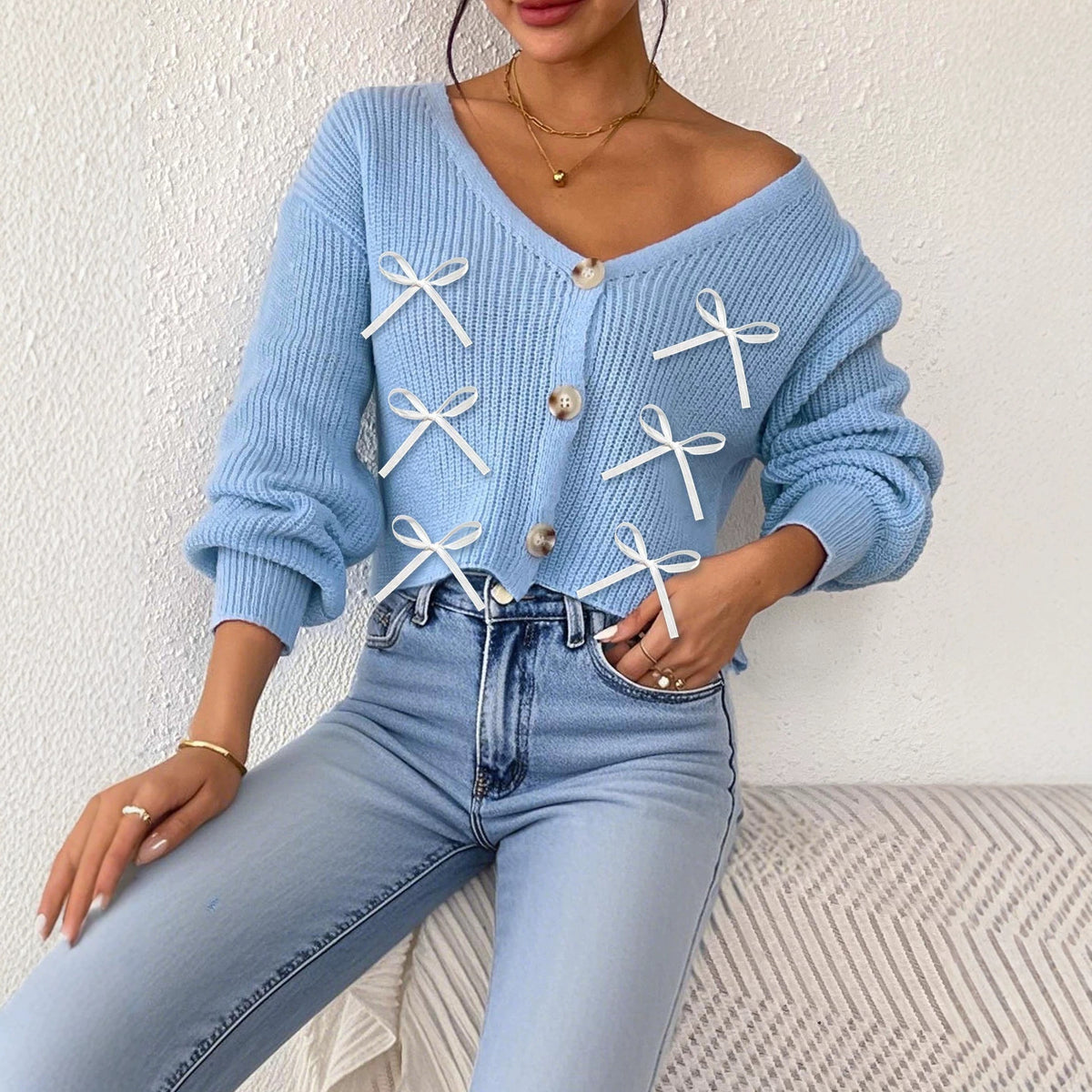 Bow-knot Knitted Cardigan Womens Long-sleeved Sweater Jacket