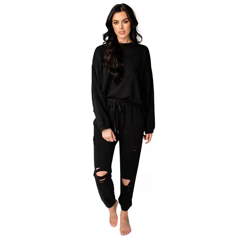 Women's Solid Ripped Pullover & Pants Casual Cotton Lounge Set