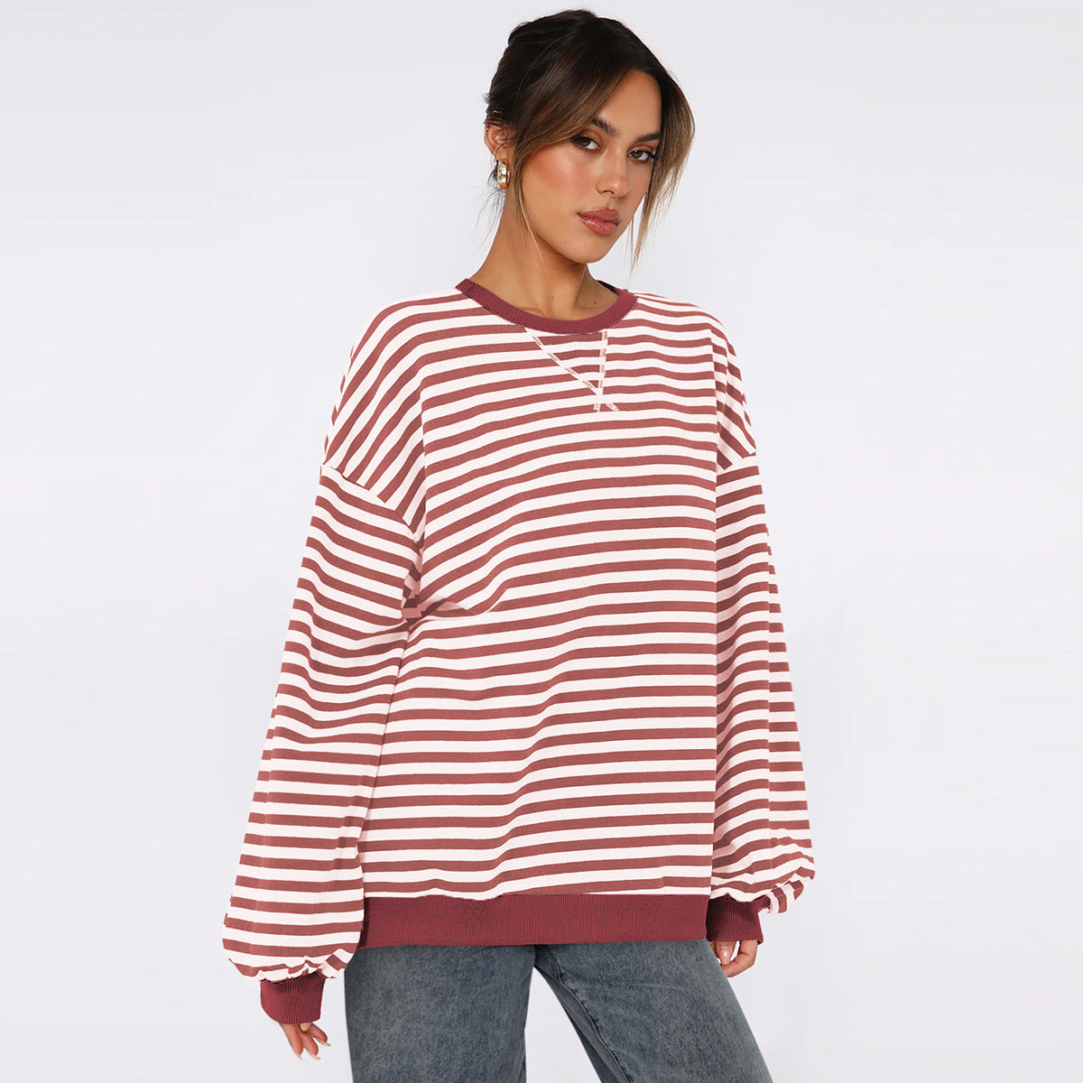 Chic Striped Bishop Sleeve Sweater for Women