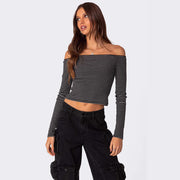 Contrast-Stripe Off‑Shoulder Long Sleeve Top – Slim Fit, Ultra‑Short Length