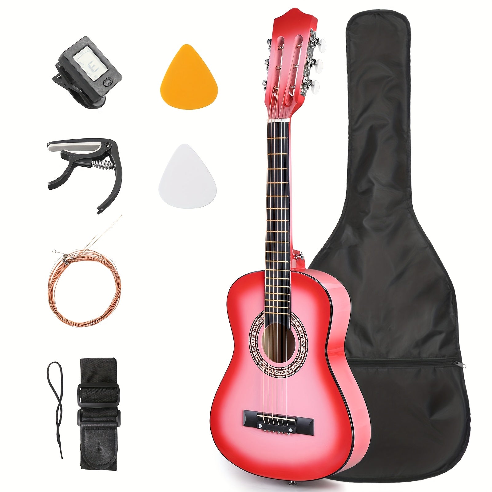 30‑Inch 1/4‑Size Acoustic Guitar with Basswood Body – D‑Style Folk Guitar Kit with Tuner, Picks, Strings, and Gig Bag