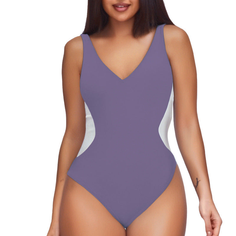 Women's One-piece Deep V Contrast Color Swimsuit