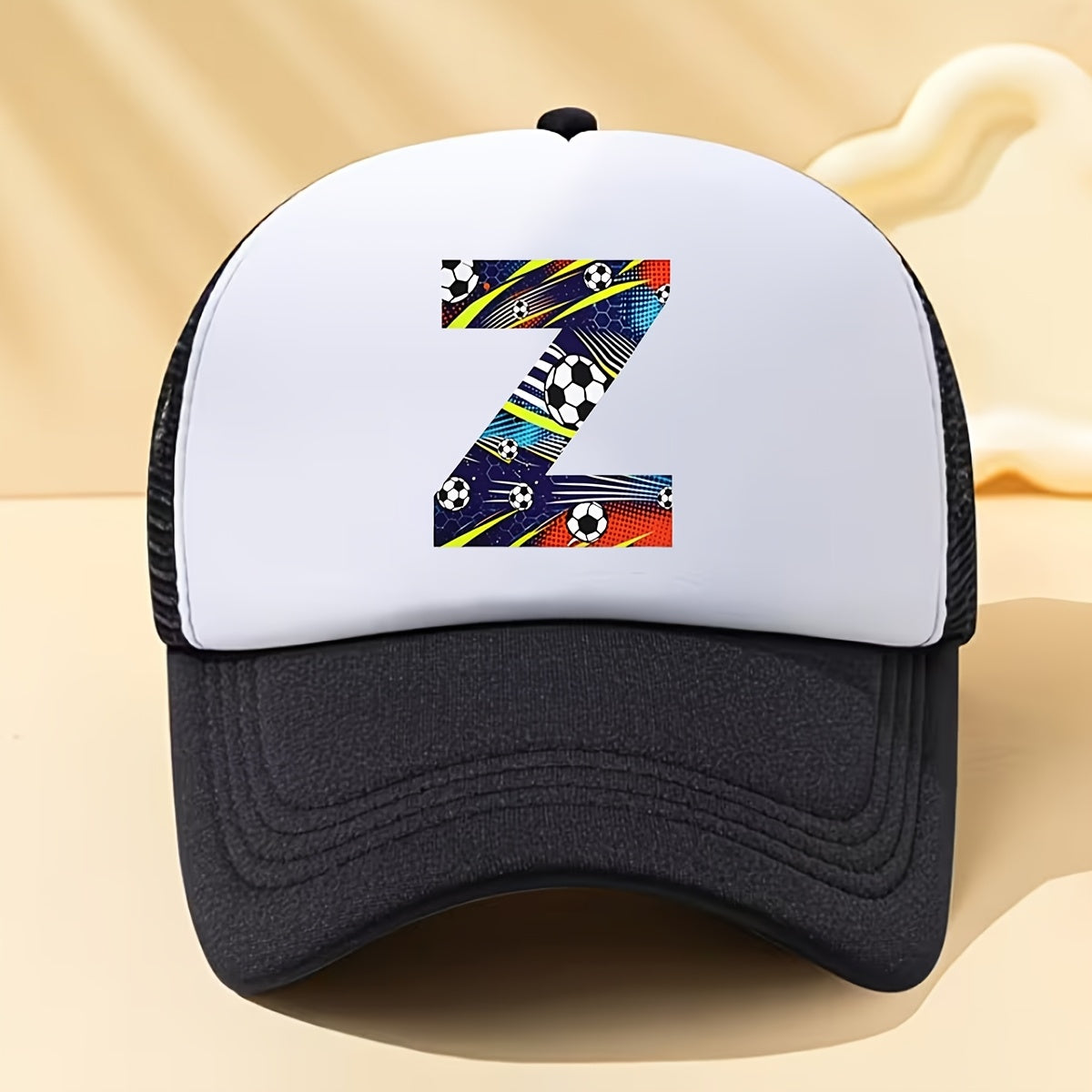 Kids Soccer-Themed Mesh Trucker Cap with A‑Z Letter Print