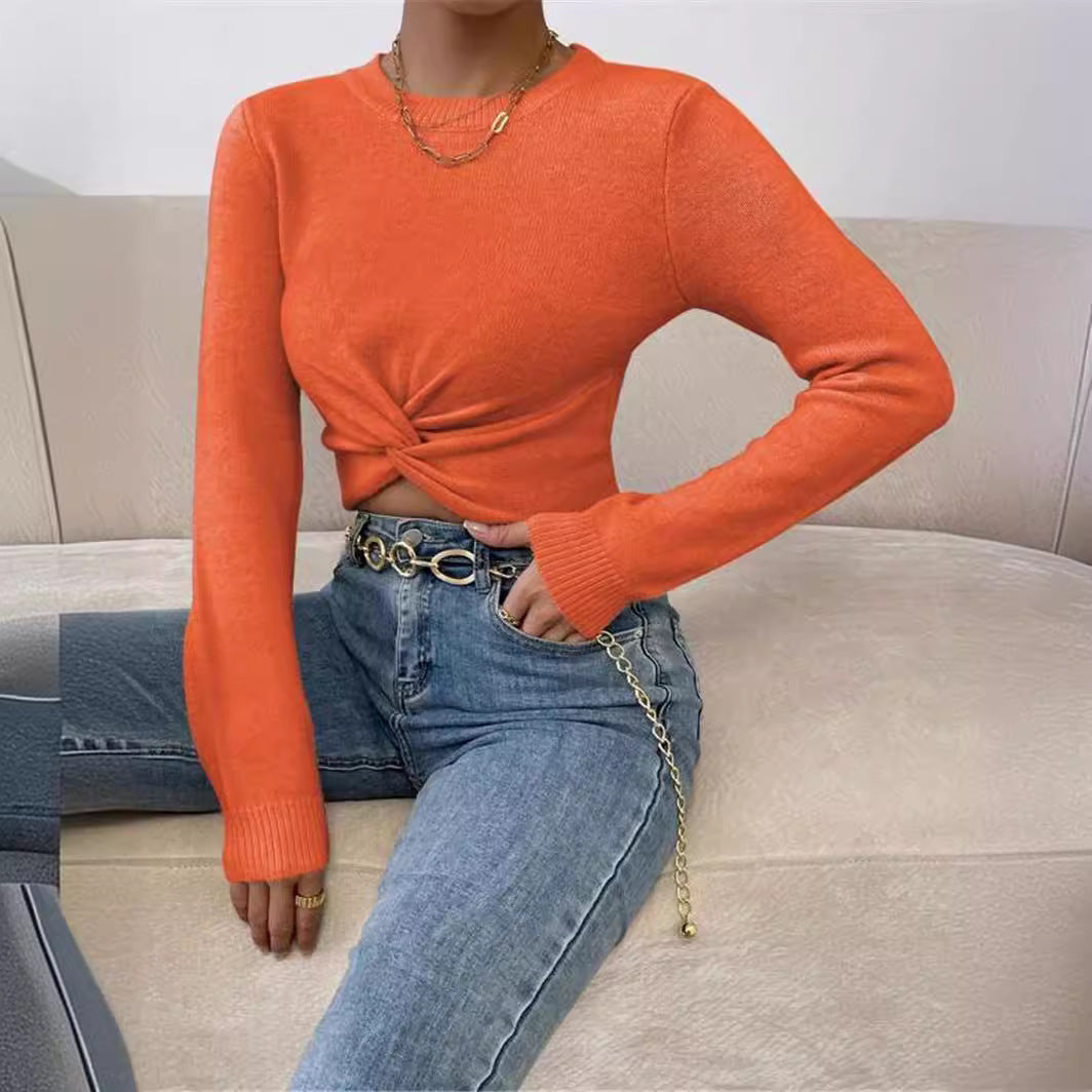 Round Neck Design Cross Knitted Top Sweater for Women