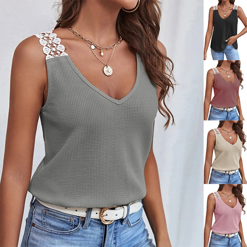 2026 Spring And Summer New Women's Solid Color Casual Lace Waffle Splicing Tank Top T-shirt Top