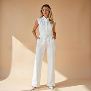 Elegant Strap-waist Cinched Jumpsuit With A V-neck And No Sleeves