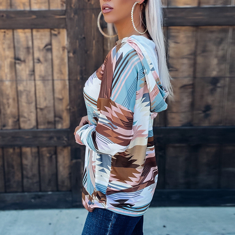 Loose Contrast Pocket Pattern V-neck Hooded Sweater In Spring