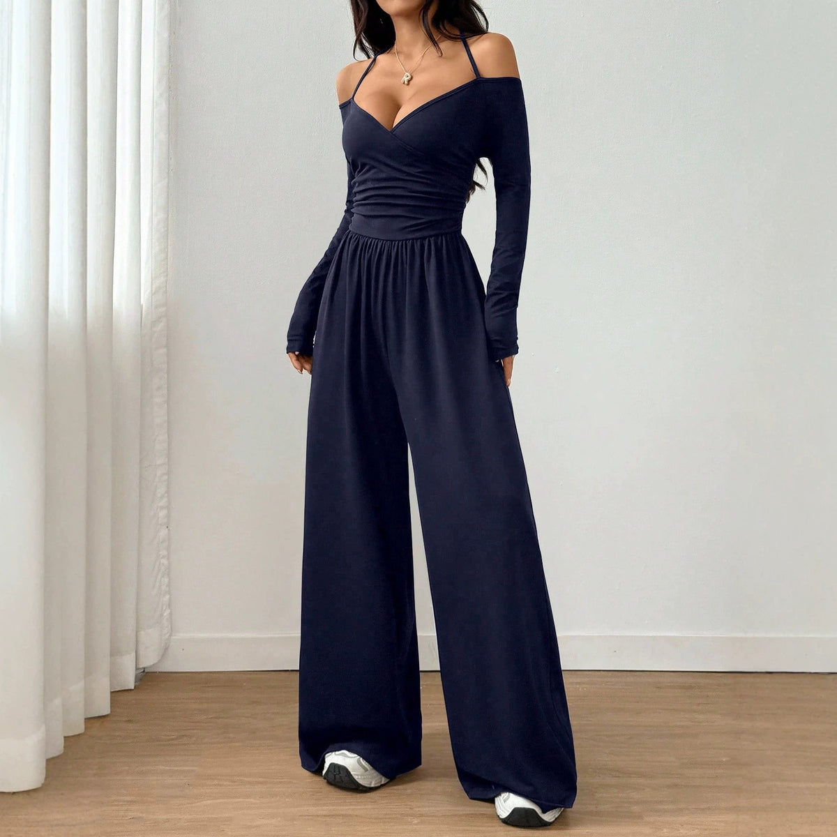 V-neck Halter Lace-up Long-sleeve Jumpsuit For Women